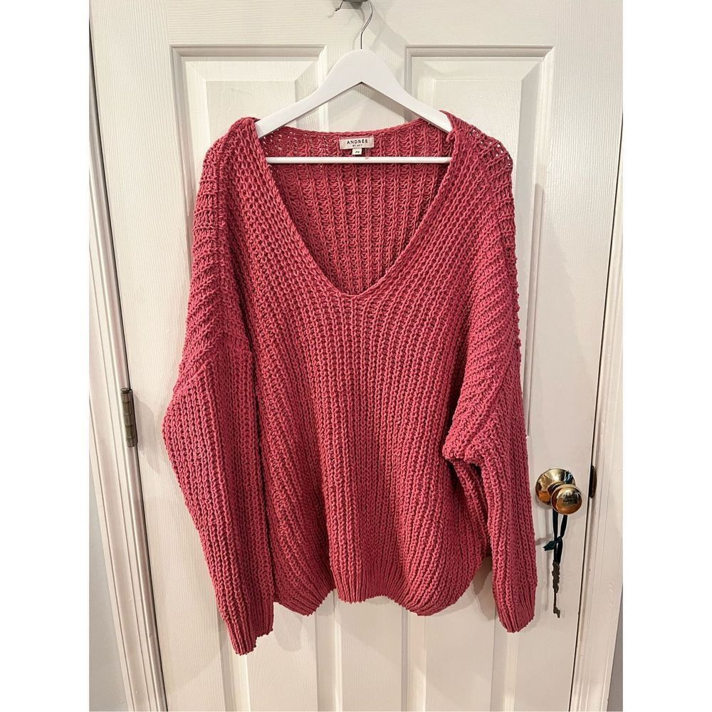 Andree by Unit Pink Chunky Knit Deep V Neck Sweater sz 2X EUC